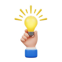Cartoon hand firmly grasping a bright yellow illuminated light bulb symbolizing a brilliant new innovative idea on transparent background