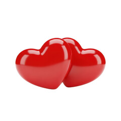 Two perfectly rendered glossy three dimensional red hearts overlapping slightly symbolizing deep enduring romantic love and partnership on transparent background
