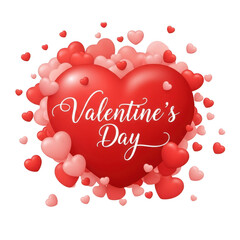 Beautiful large red heart centrally featured surrounded by many smaller pink and red floating hearts celebrating valentine day on transparent background