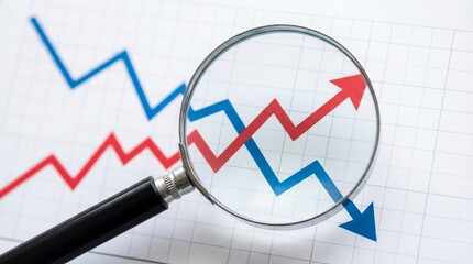 Magnifying glass analyzing red and blue financial market trend lines on transparent background