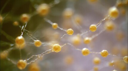 Close-up of a group of small, round, yellow spheres connected by thin, white lines. the spheres appear to be floating in the air, creating a sense of movement and energy.