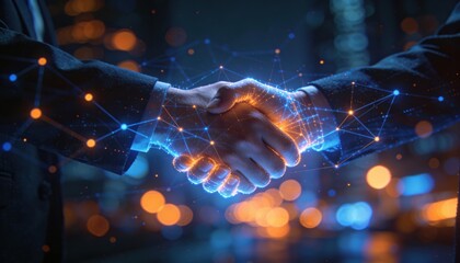 Digital handshake symbolizing global business connections and technological partnership