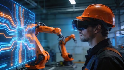 Engineer using VR headset to control robotic arms in a futuristic factory setting
