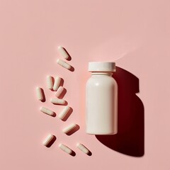top-view product shot of vitamin bottle with capsules, neutral pastel background, minimal aesthetic