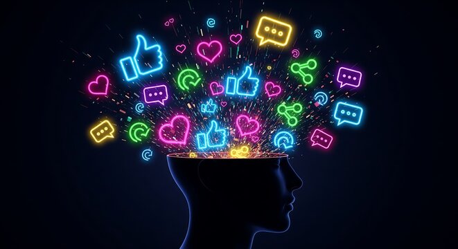 Glowing Neon Social Media Icons Exploding from Silhouette Head, Digital Mind Concept, Cyberpunk Glow