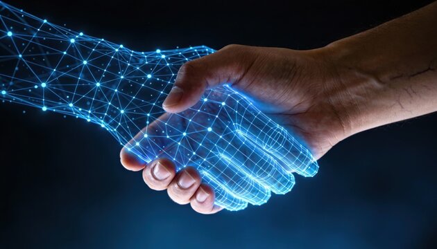Human hand shaking a digital, glowing blue wireframe hand against a dark background
