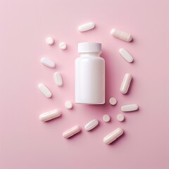 top-view product shot of vitamin bottle with capsules, neutral pastel background, minimal aesthetic