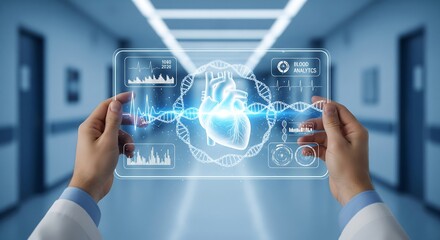Doctor Holding Futuristic Transparent Holographic Screen Displaying Heart Anatomy and DNA Helix in Modern Hospital Corridor