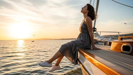 Woman relaxing on sailboat at sunset