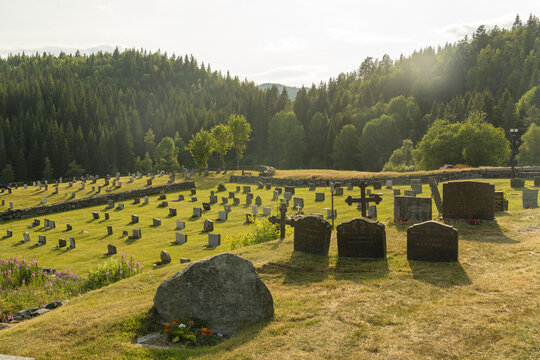 View of weathered gravestones stand solemnly in a green field, embraced by a stone wall with dense, sun-kissed forest, Eidsborg, Telemark, Norway.