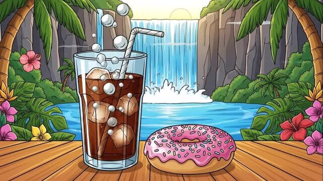Tropical Refreshment Soda and Donut by Waterfall Illustration