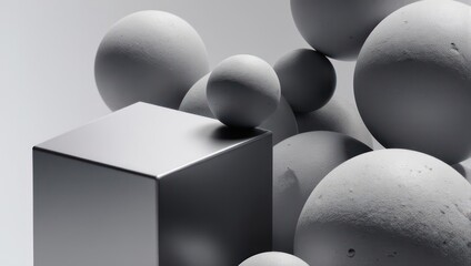 A close-up study of a metallic cube and textured white spheres in abstract composition
