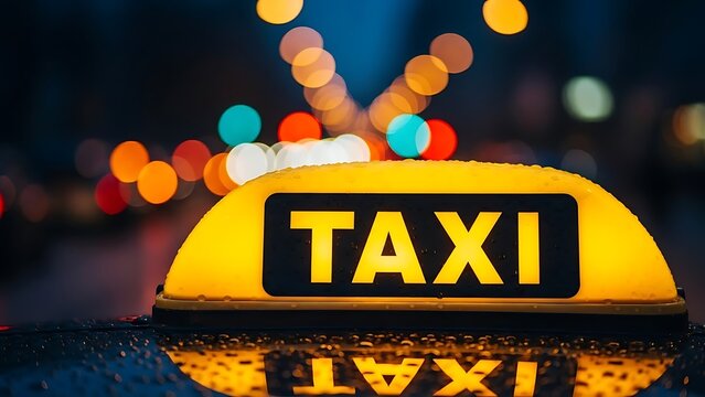 Bright yellow taxi sign at night