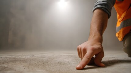 A worker s hand points to a dusty ground surface in a construction setting with hazy lighting