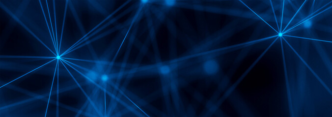 Futuristic Blue Digital Network Background With Glowing Nodes And Lines for data networks, internet, AI, cybersecurity, cloud computing, telecom, fintech, and innovation designs with wide copy space. © My Pet Cat Rimu