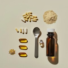 top-view flat lay of a vitamin bottle with capsules, measuring spoon, minimal lifestyle composition