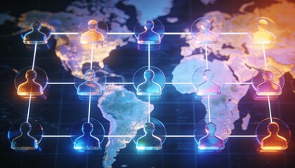 Obraz premium Global network of people connected across the world map with glowing icons