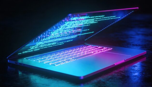 Modern laptop displaying glowing blue code on screen with neon pink and blue lighting