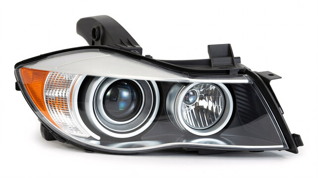A close-up image of a modern car headlight assembly featuring dual circular LED projector lights and an orange indicator light housed within a sleek black and clear plastic casing