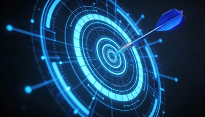 Futuristic blue digital target with dart hitting the bullseye, representing success