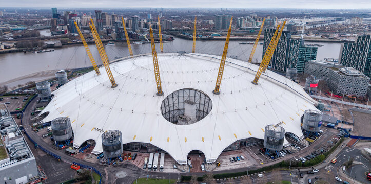 LONDON, UK - JANUARY 7, 2026 - Aerial view of the O2 Arena in North Greenwich, London, showing its unique roof