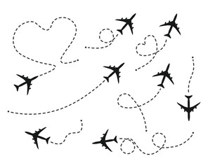 Airplane line path vector icon set. Air plane flight route with start point and dash line trace