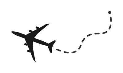 Airplane line path vector icon. Air plane flight route with start point and dash line trace