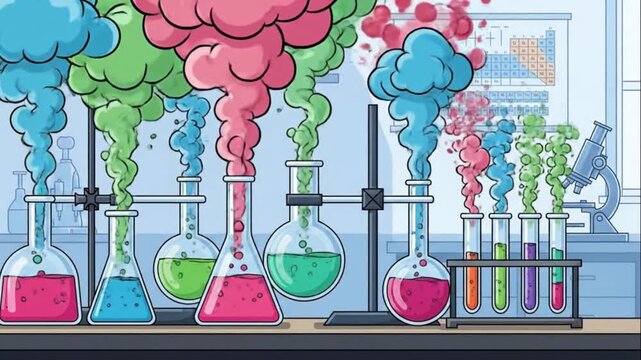 Chemistry Lab Experiment Colorful Cartoon Reaction