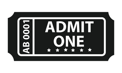 Vintage circus Admit One ticket with serial number. Cinema, carnival, theater ticket icon, isolated on white background. Vector illustration