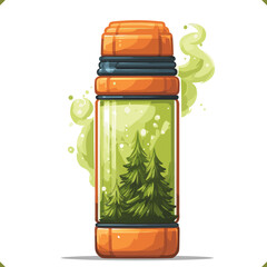 Vector illustration of a thermos travel mug with herbs, mug with a lid, for food packaging and grocery design, isolated on a white background