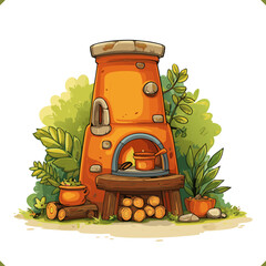 Vector illustration of an outdoor wood stove with stone base, burning fire and large cooking pot surrounded by garden plants, rustic cooking setup, isolated on a white background