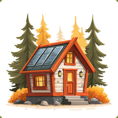 Vector illustration of a tiny wooden cabin with solar panels on the roof, surrounded by forest trees and greenery, eco off-grid housing, isolated on a white background