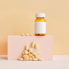 top-view product shot of vitamin bottle with capsules, neutral pastel background, minimal aesthetic