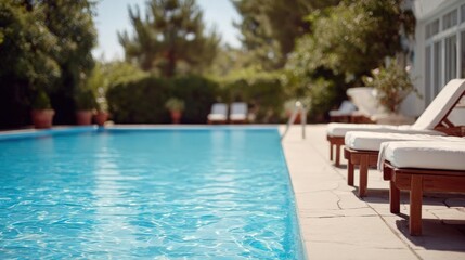 Fototapeta premium Large swimming pool with crystal clear blue water. the pool is surrounded by a tiled patio with white lounge chairs on the right side. on the left side, there are several potted plants and trees.