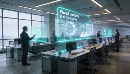 Business professionals interact with holographic data displays in a modern office setting