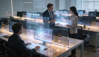Business professionals collaborating on futuristic holographic data analysis in modern office