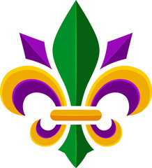 Festive Mardi Gras fleur-de-lis emblem in traditional colors