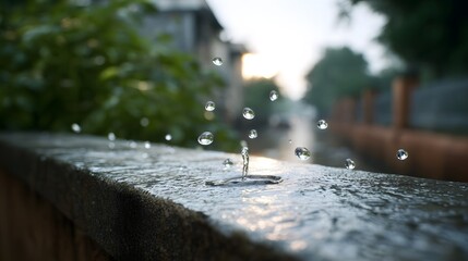 Water droplets splash upwards from a wet textured surface at dawn