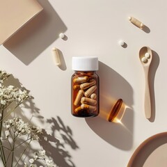 top-view flat lay of a vitamin bottle with capsules, measuring spoon, minimal lifestyle composition