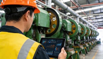 Factory worker uses tablet to monitor production data on industrial machinery line