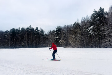 Cross-country skier in red suit in a snowy winter park. Rear view. Concept of sports and active lifestyle.