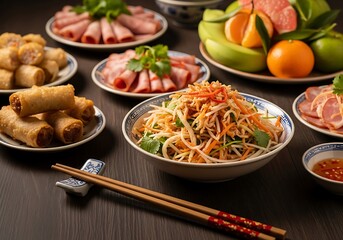 A Delicious and Vibrant Spread of Traditional Vietnamese Cuisine Featuring Papaya Salad, Spring Rolls, and Fresh Fruits