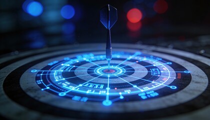 Digital dartboard with glowing blue futuristic interface hitting the bullseye