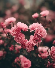 Fototapeta premium A heart-shaped arrangement of delicate pink roses blooming in a soft, romantic garden setting.
