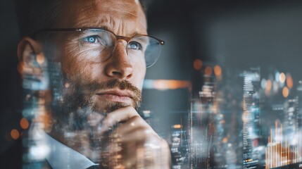 Businessman planning future investment strategy using AI data visualization tools