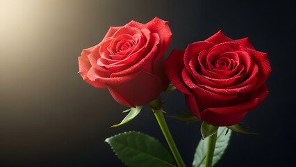 Fototapeta premium Two red roses illuminated against a dark background for Valentine's Day Cards 