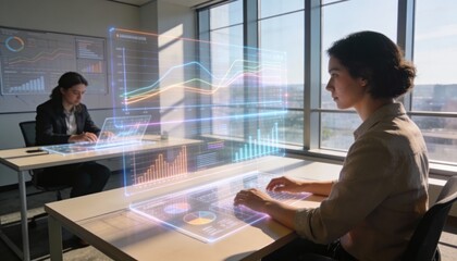 Business professionals analyze holographic financial data in a modern office setting