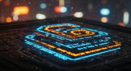 Digital padlock icon glowing with data streams on a futuristic circuit board