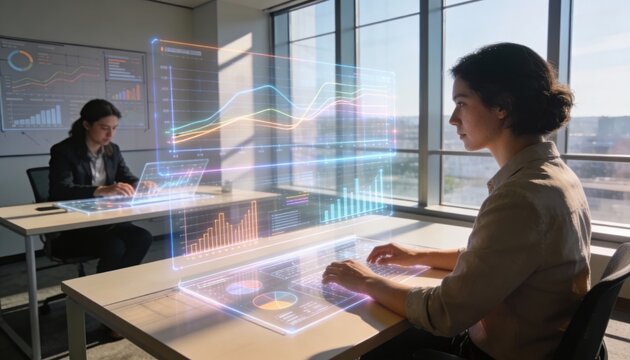 Business professionals analyze holographic financial data in a modern office setting - Powered by Adobe