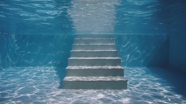 Set of stairs leading up to the top of a swimming pool. the stairs are made of concrete and are surrounded by clear blue water. the water is a deep blue color and appears to be calm and still.
